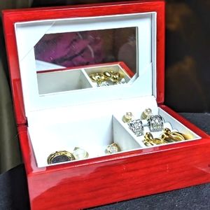 Red Lacquered Wood Travel Jewelry Box  Mirrored 8 PC Goldtone Silvertone Jewelry